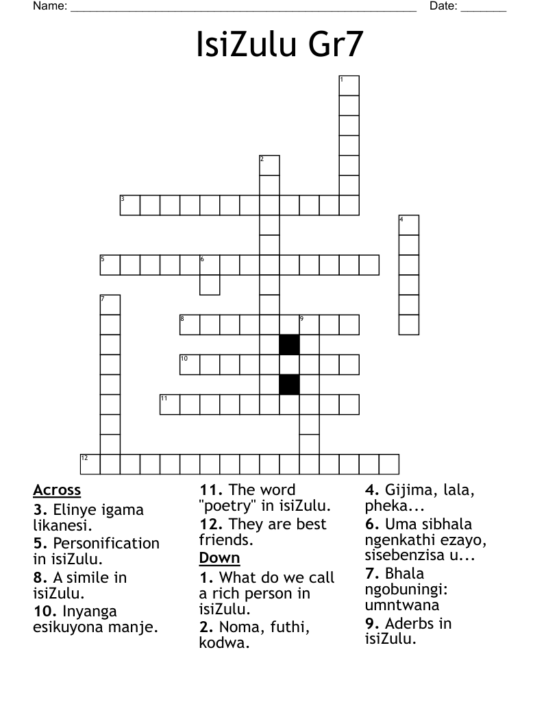 IsiZulu Gr7 Crossword