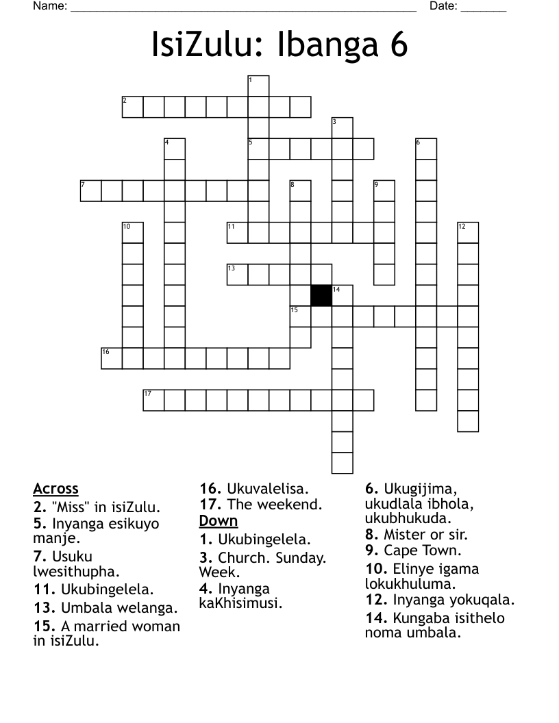 IsiZulu: Ibanga 6 Crossword