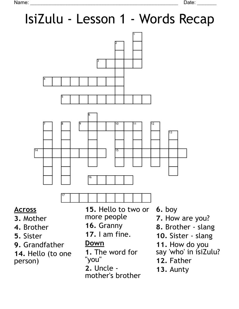 IsiZulu - Lesson 1 - Words Recap Crossword