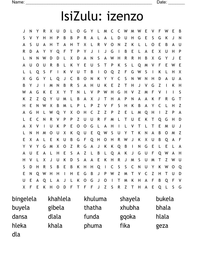 IsiZulu: izenzo Word Search