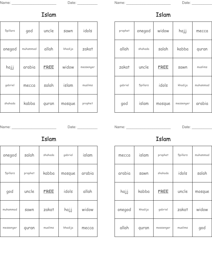 Islam Bingo Cards