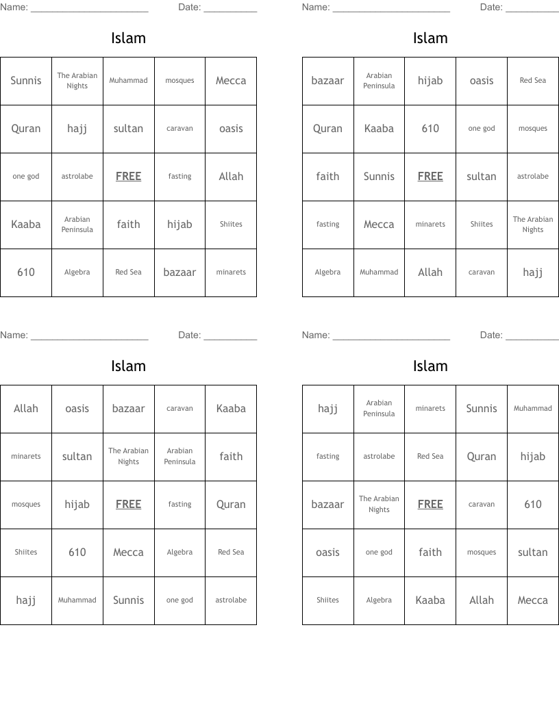 Islam Bingo Cards