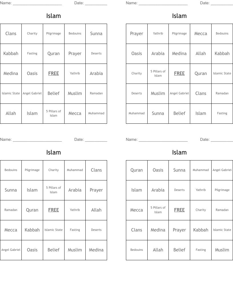Islam Bingo Cards