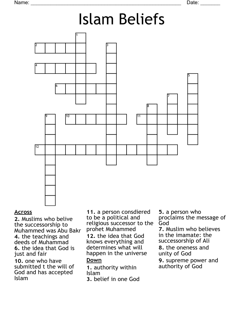 Islam Beliefs Crossword