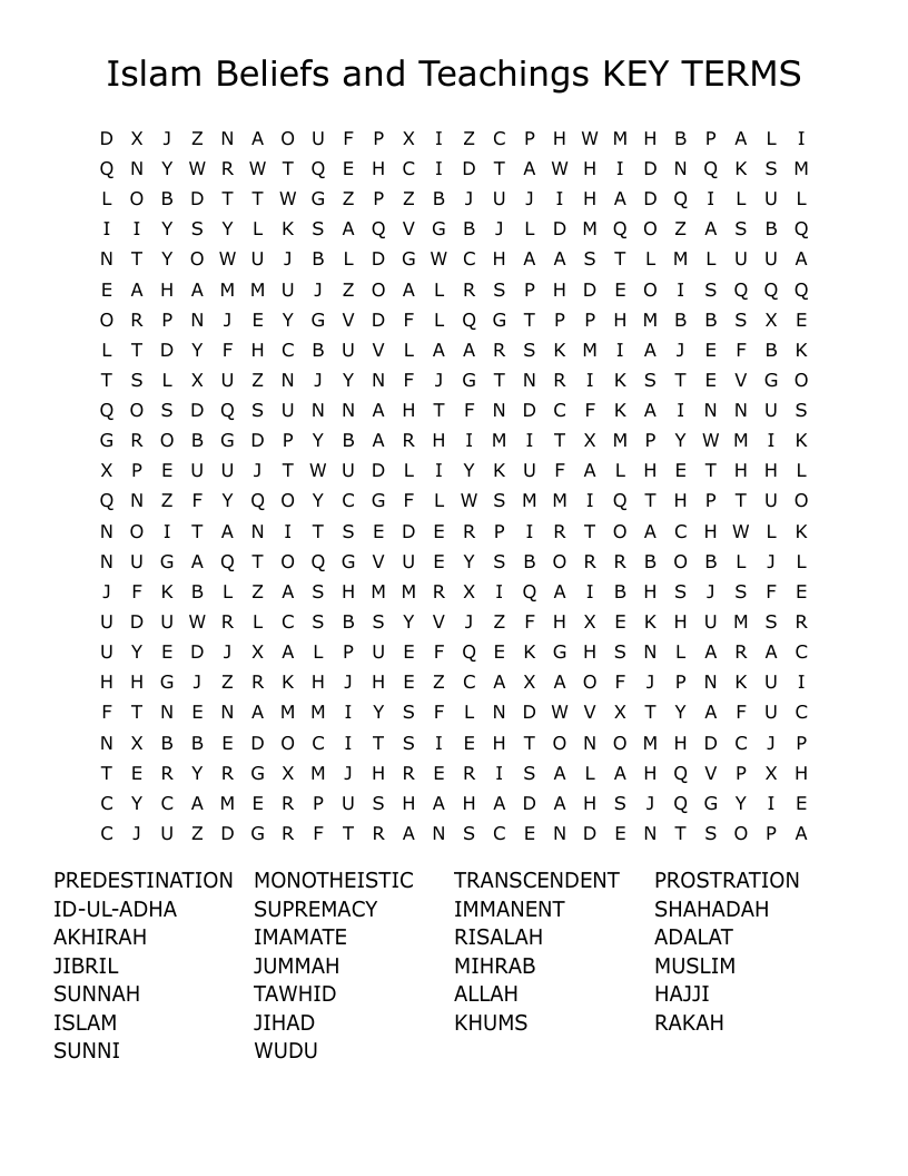 Islam Beliefs and Teachings  KEY TERMS  Word Search
