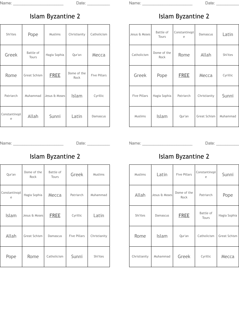 Islam Byzantine 2 Bingo Cards