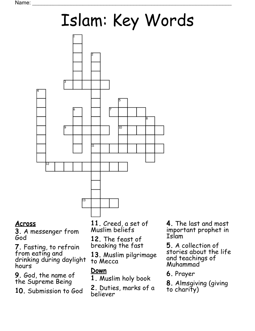 Islam: Key Words Crossword