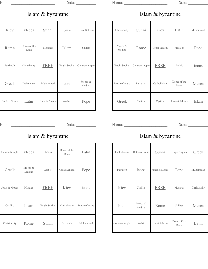Islam & byzantine  Bingo Cards