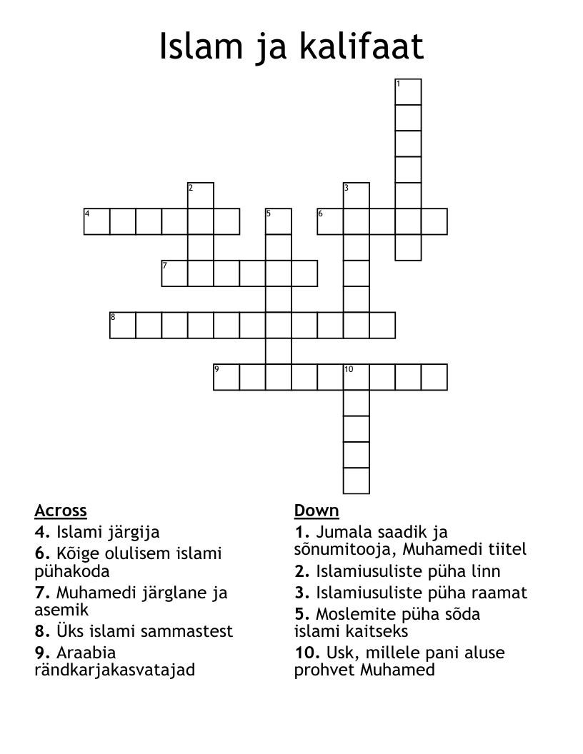 Islam ja kalifaat Crossword