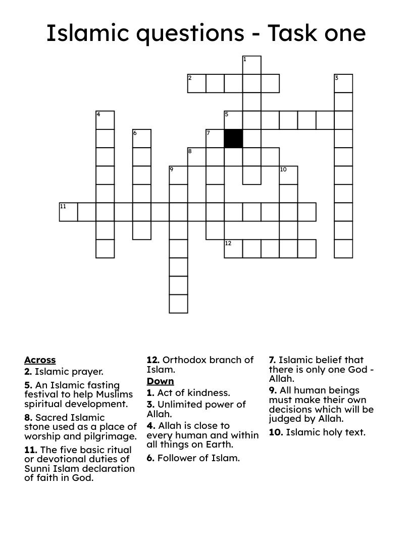 Islamic questions - Task one  Crossword
