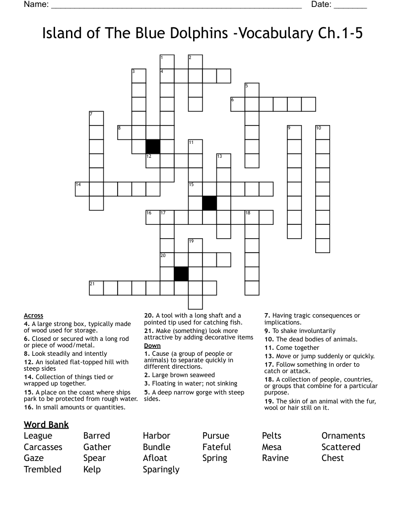 Island of The Blue Dolphins -Vocabulary Ch.1-5 Crossword