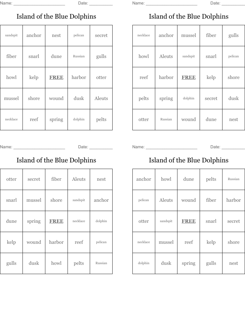 Island of the Blue Dolphins Bingo Cards