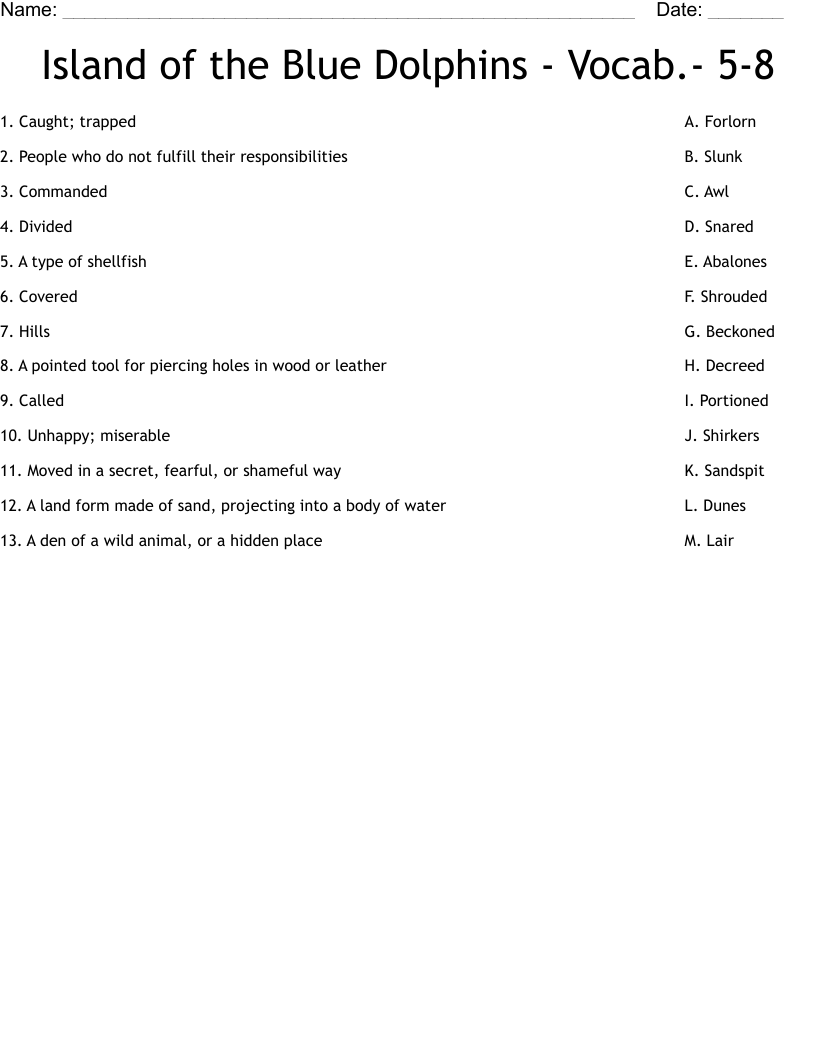 Island of the Blue Dolphins - Vocab.- 5-8 Worksheet