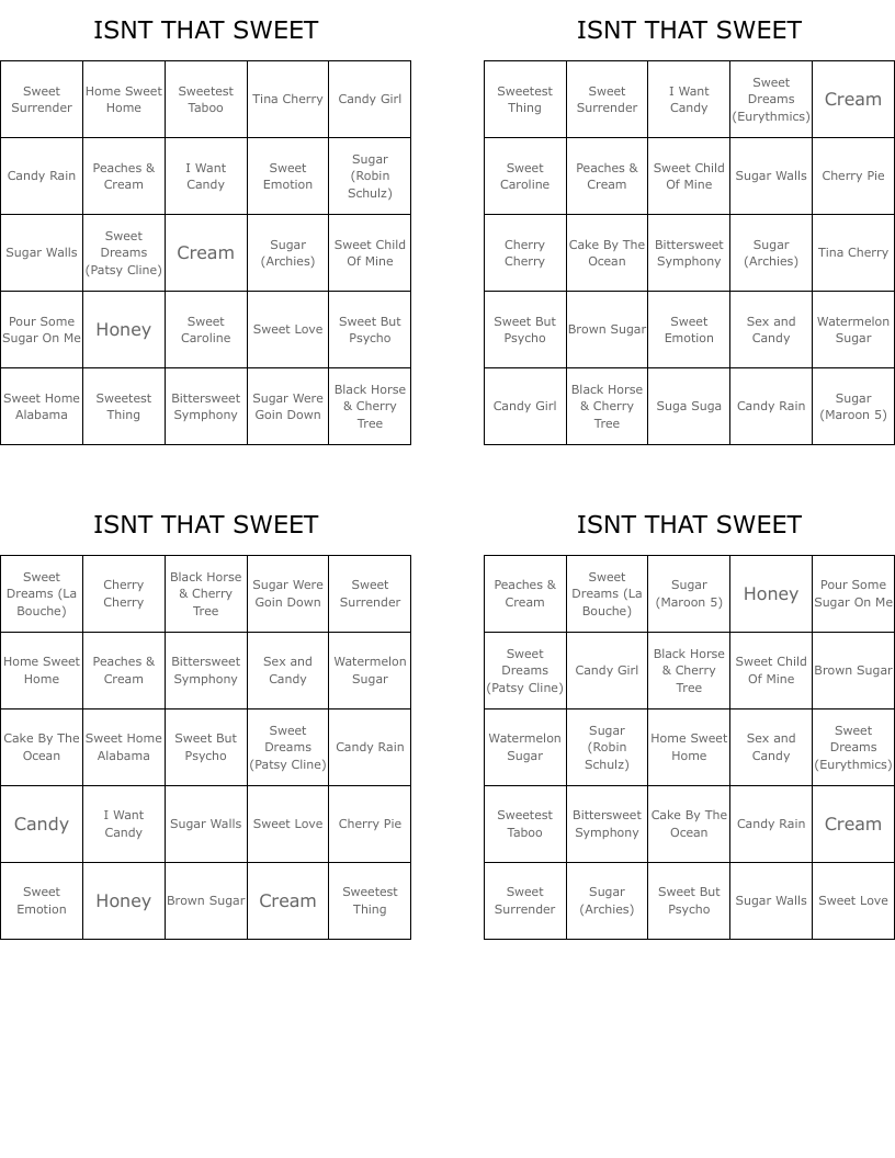 ISNT THAT SWEET Bingo Cards