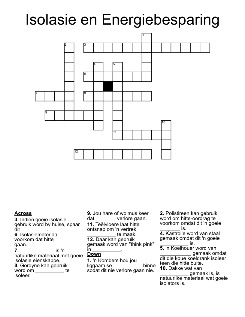 Isolasie en Energiebesparing Crossword