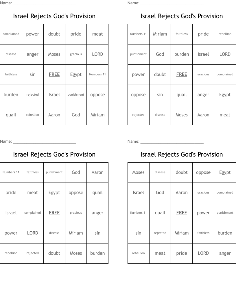Israel Rejects God's Provision Bingo Cards