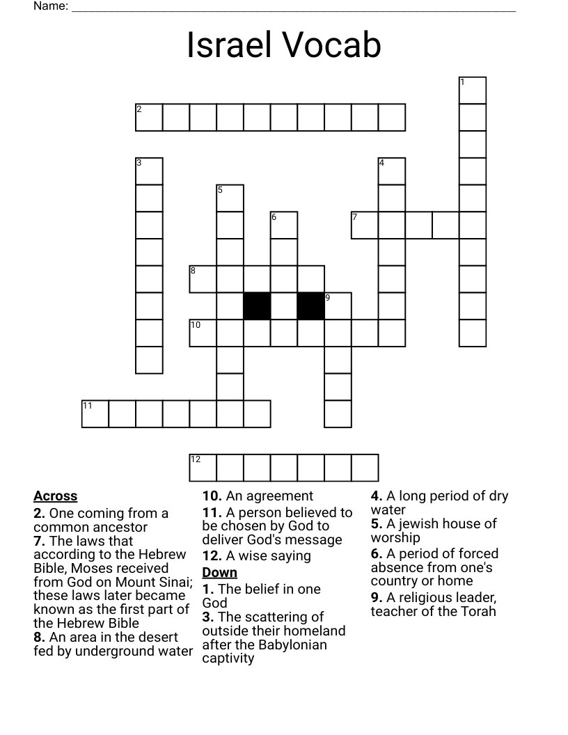 Israel Vocab Crossword