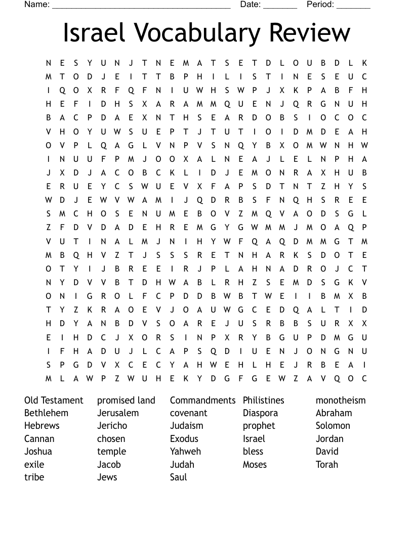 Israel Vocabulary Review Word Search
