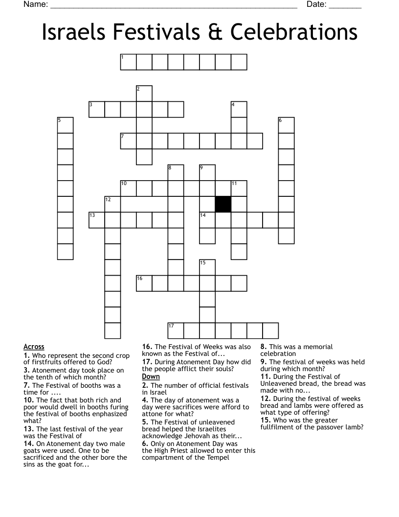 Israels Festivals & Celebrations Crossword
