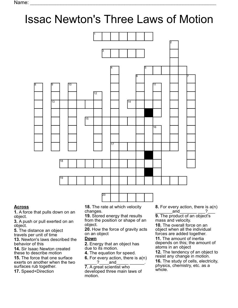Issac Newton's Three Laws of Motion Crossword