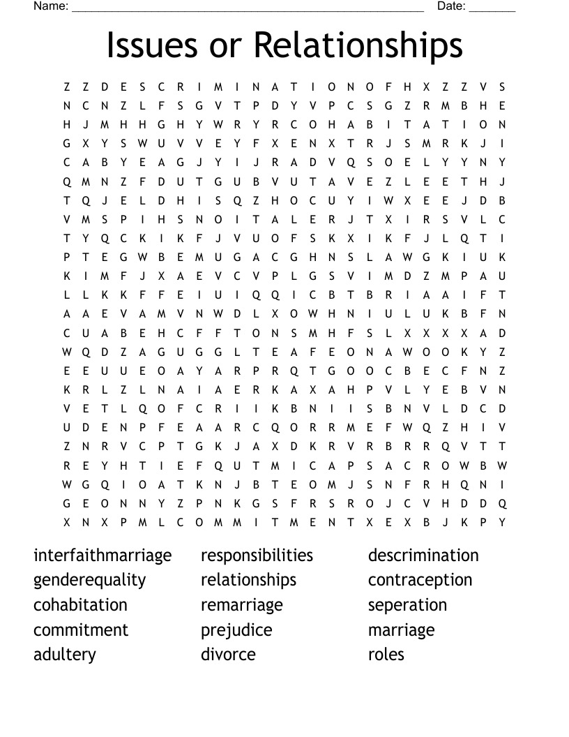 Issues or Relationships Word Search