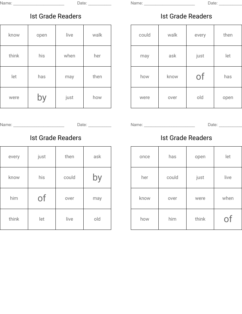 Ist Grade Readers Bingo Cards