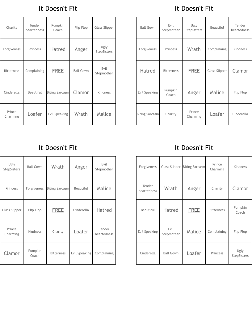 It Doesn't Fit Bingo Cards