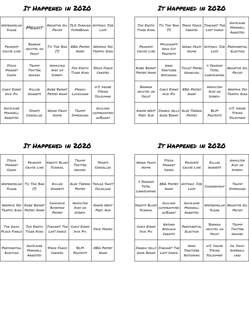 It Happened in 2020 Bingo Cards