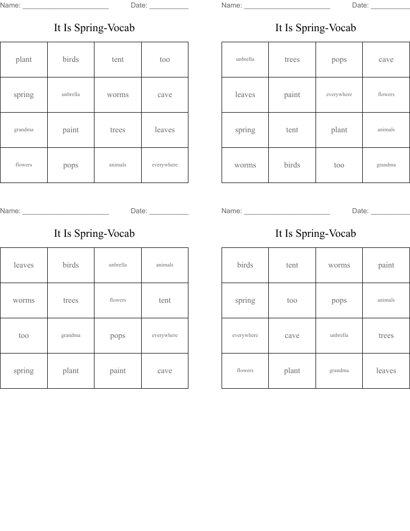 It Is Spring-Vocab Bingo Cards