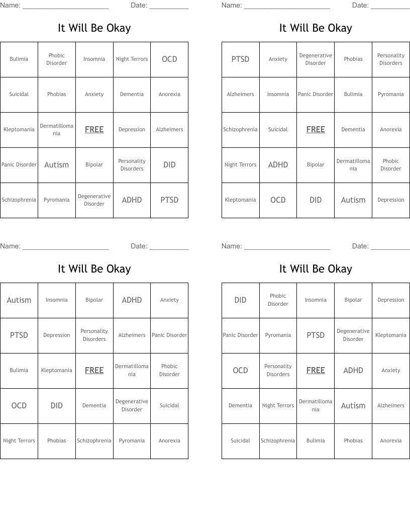 It Will Be Okay Bingo Cards