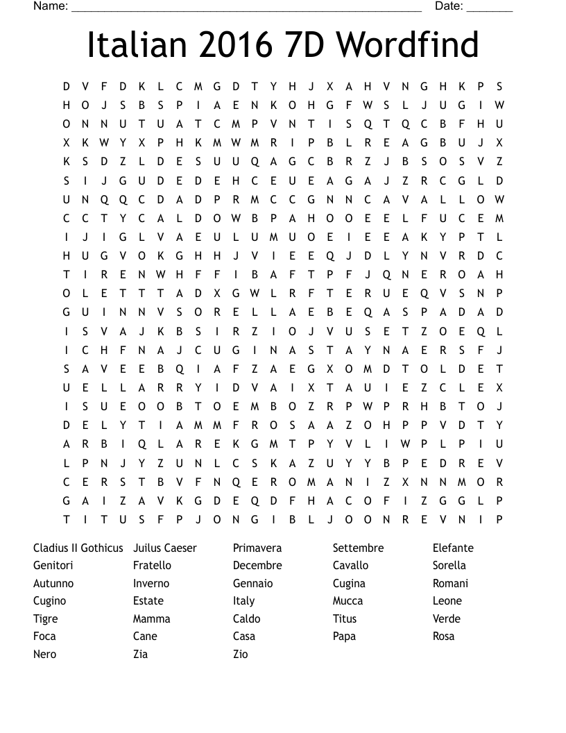 Italian 2016 7D Wordfind Word Search
