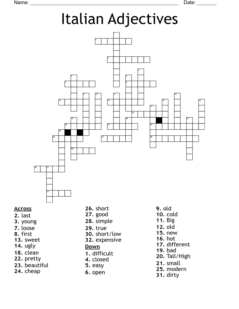Italian Adjectives Crossword