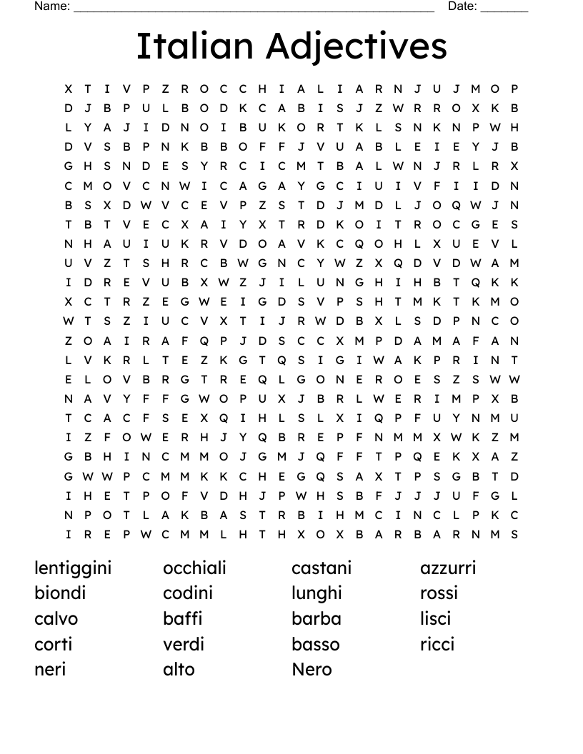 Italian Adjectives Word Search