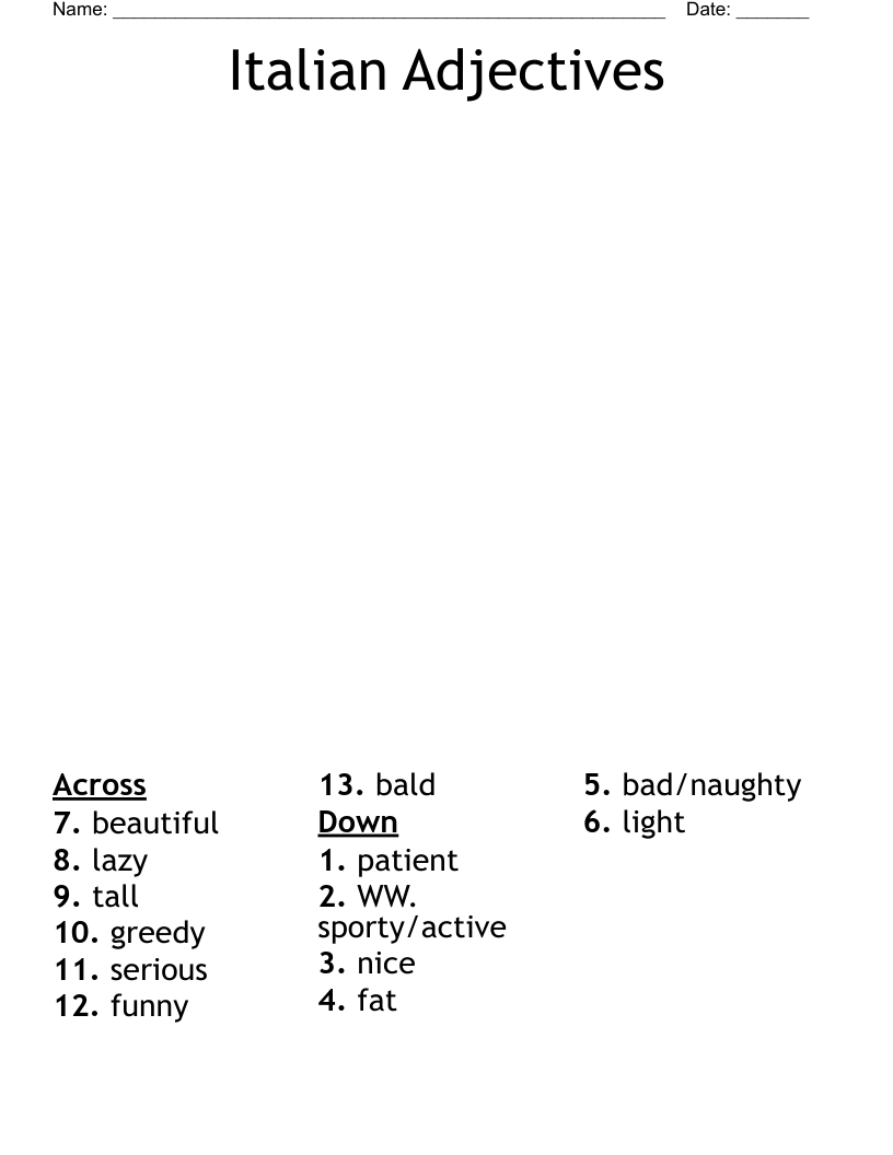 Italian Adjectives Crossword