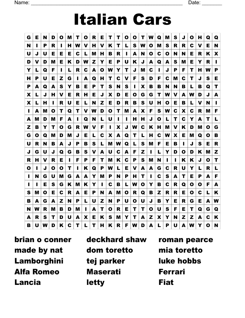 Italian Cars  Word Search