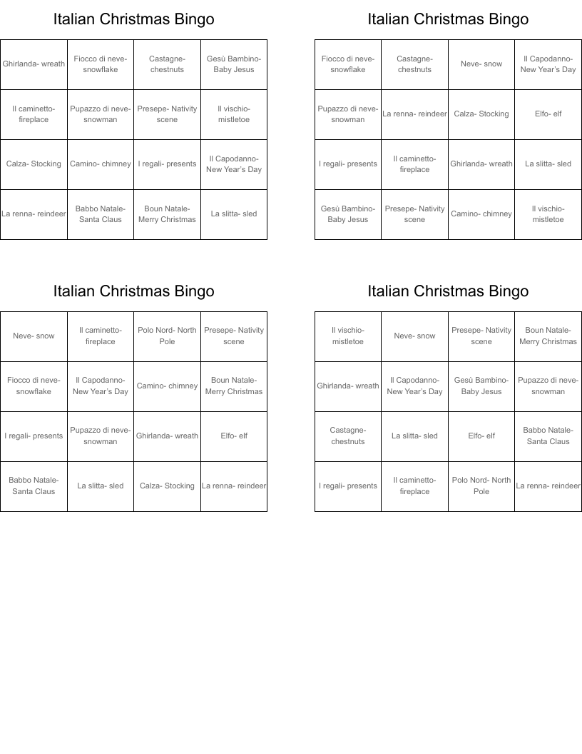 Italian Christmas Bingo