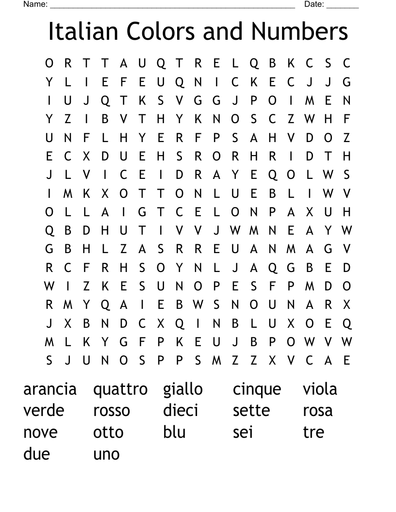 Italian Colors and Numbers  Word Search