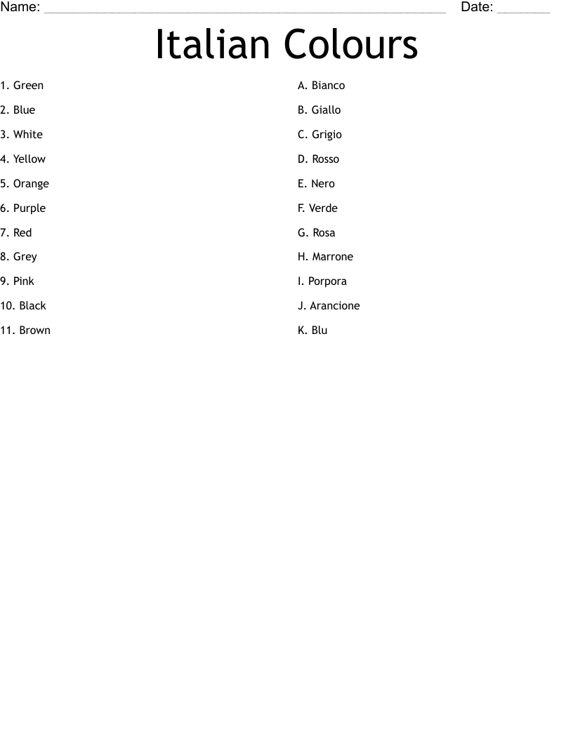 Italian Colours Worksheet