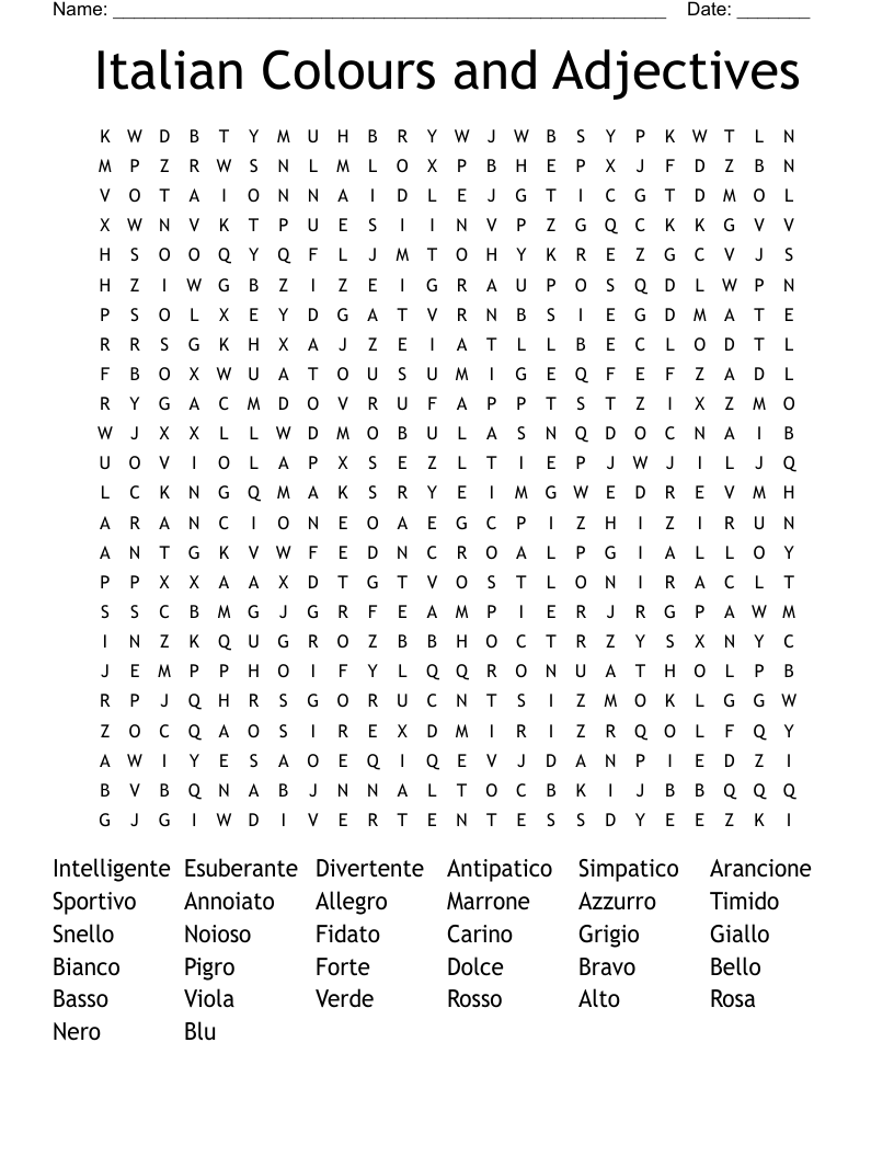 Italian Colours and Adjectives Word Search