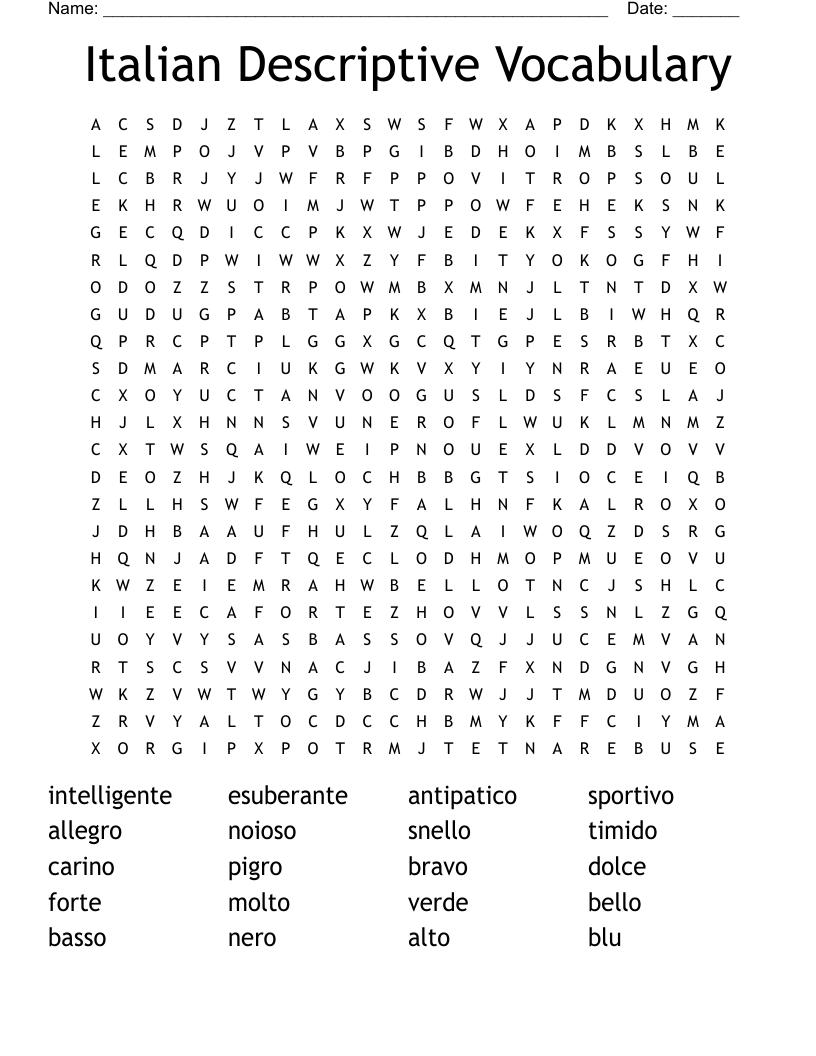 Italian Descriptive Vocabulary Word Search