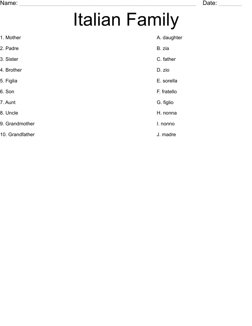 Italian Family Worksheet