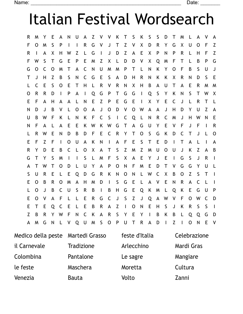 Italian Festival Wordsearch