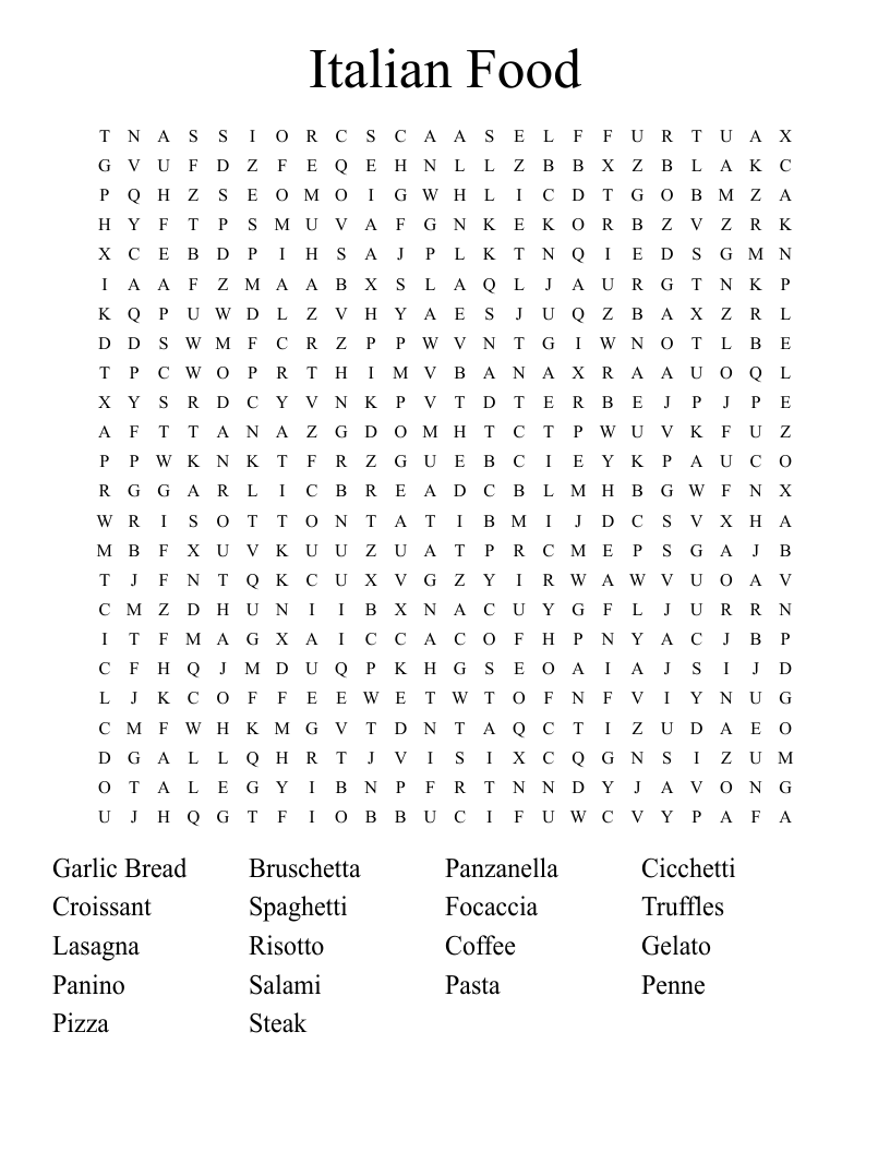 Italian Food Word Search