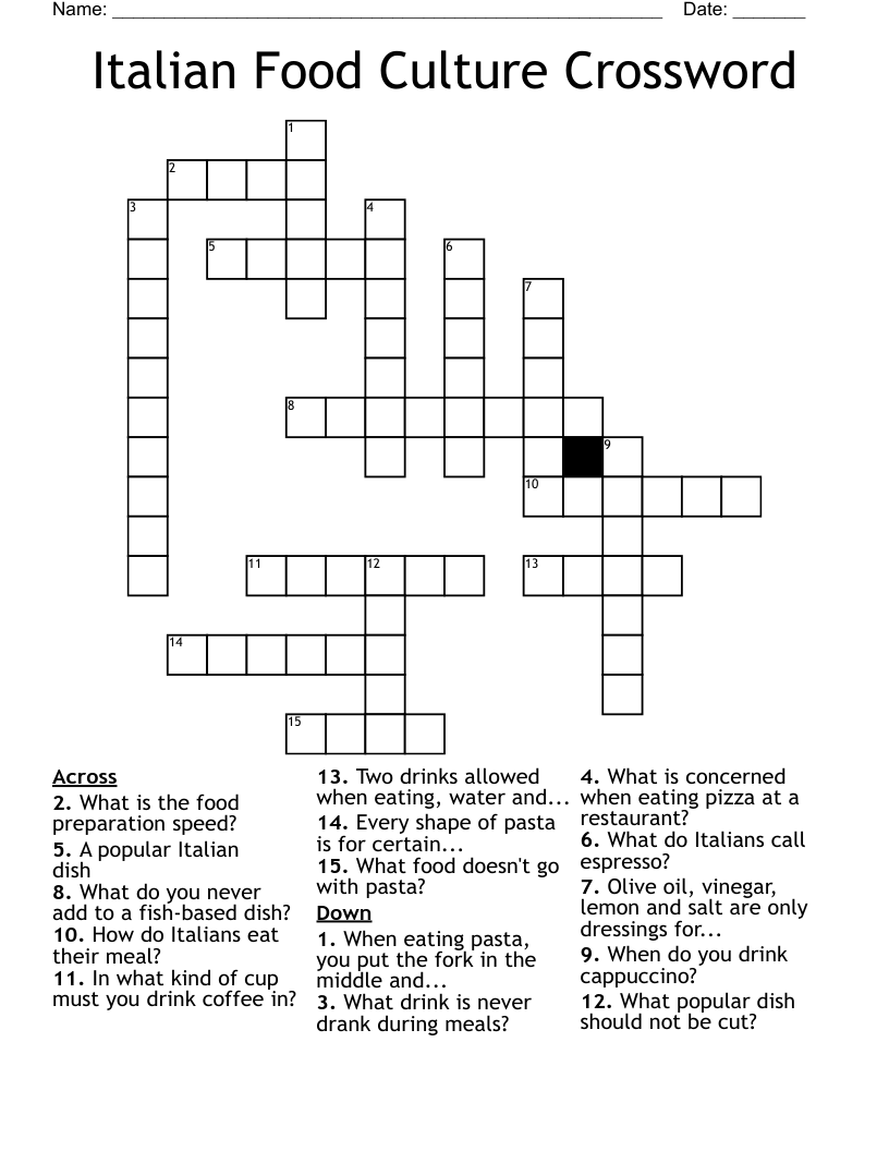 Italian Food Culture Crossword