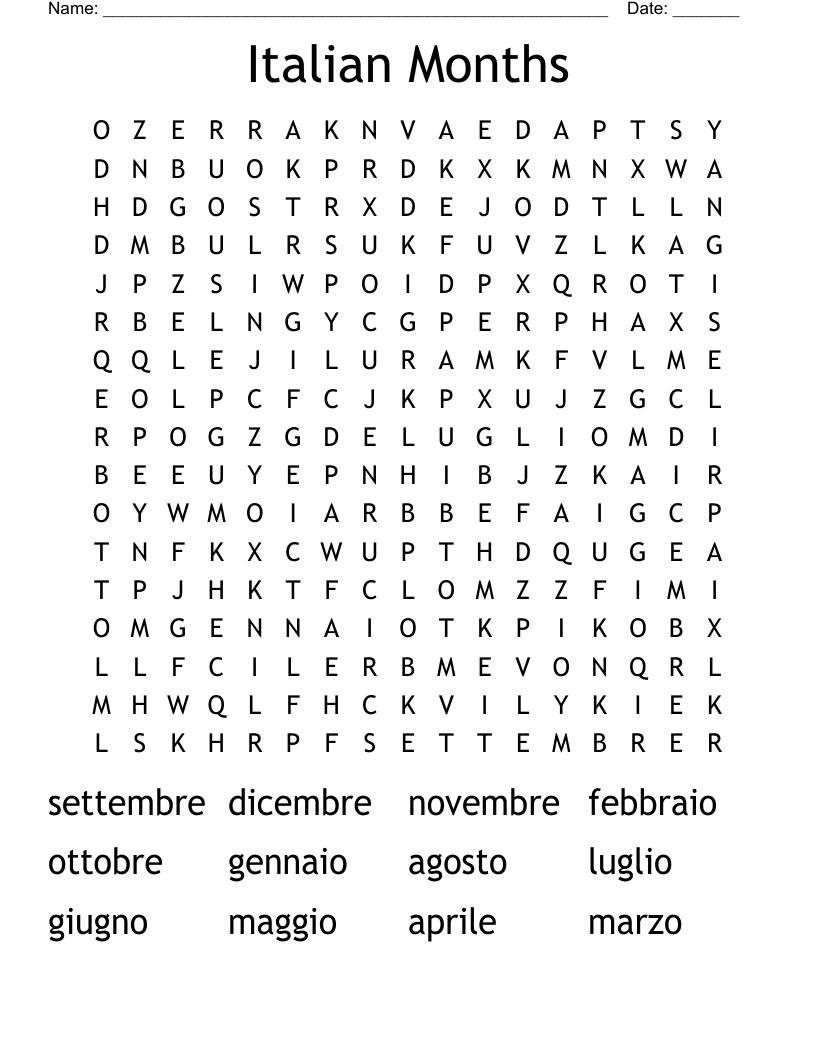 Italian Months Word Search