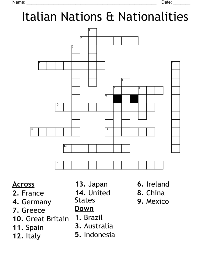 Italian Nations & Nationalities Crossword