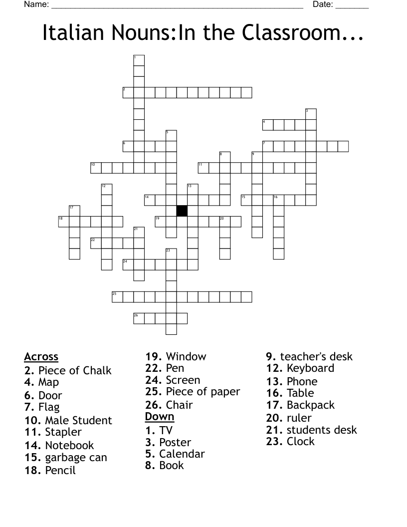 Italian Nouns:In the Classroom... Crossword