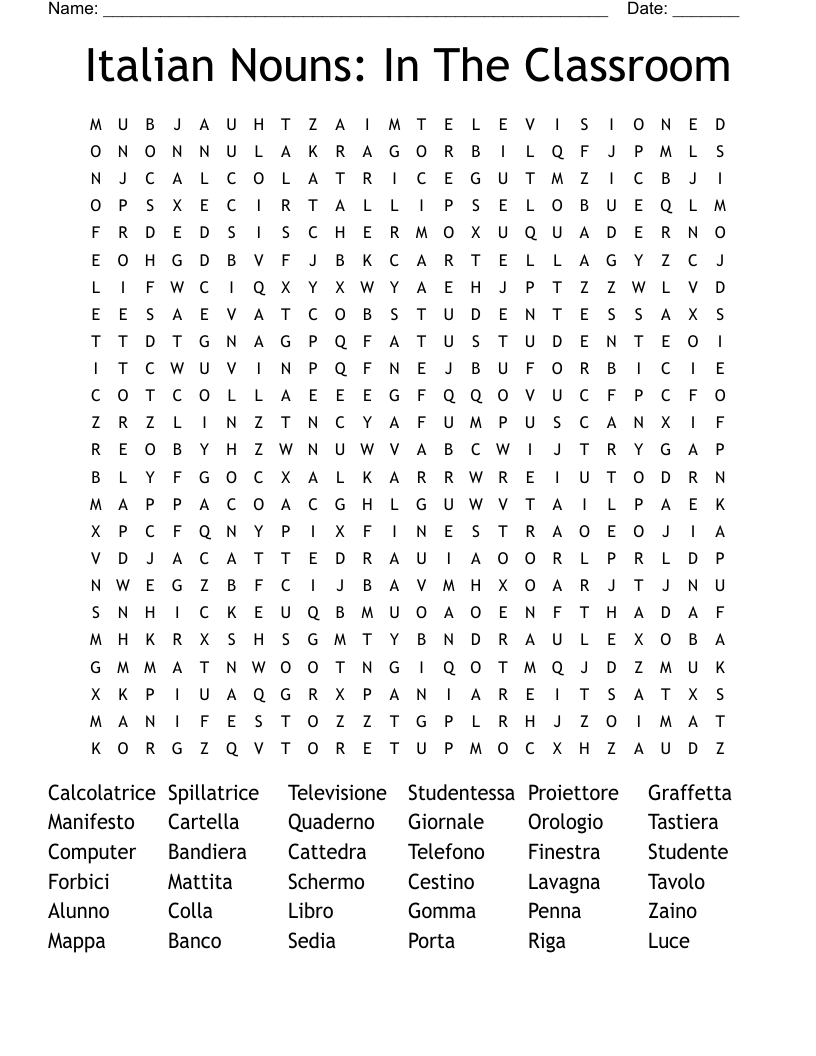 Italian Nouns: In The Classroom Word Search