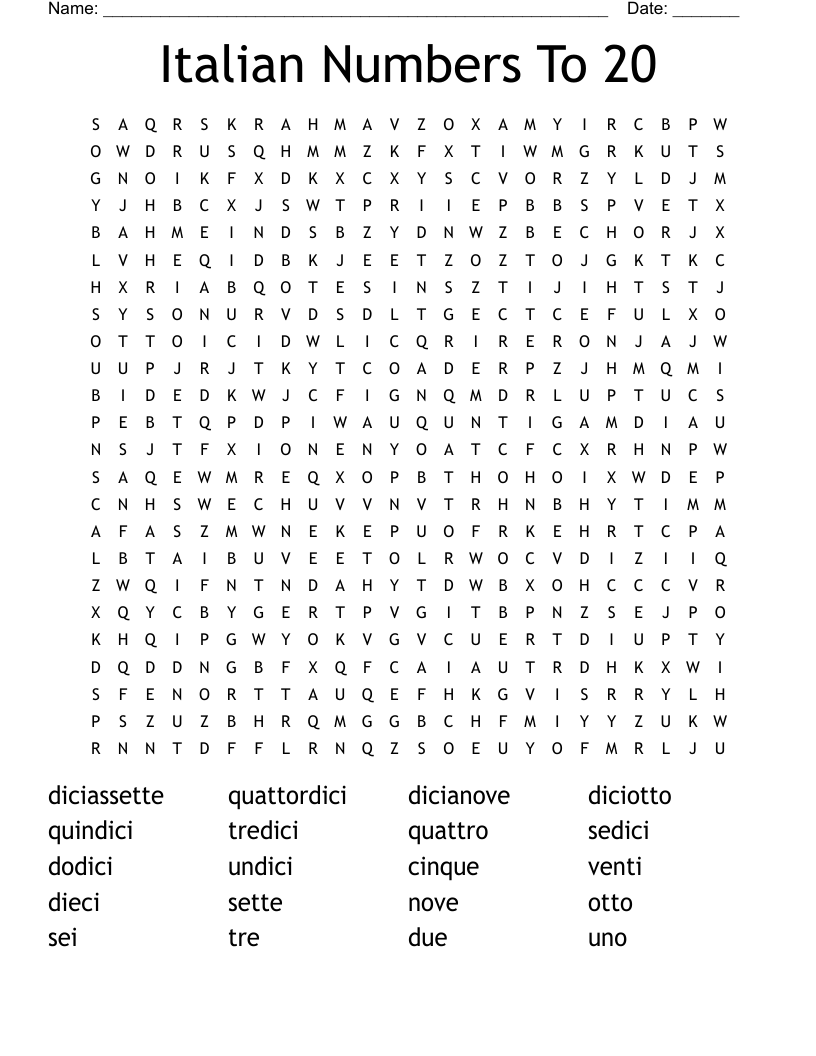 Italian Numbers To 20 Word Search