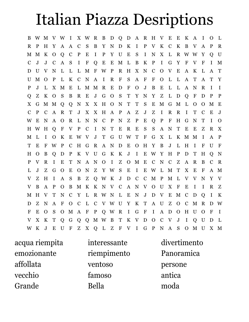 Italian Piazza Desriptions Word Search